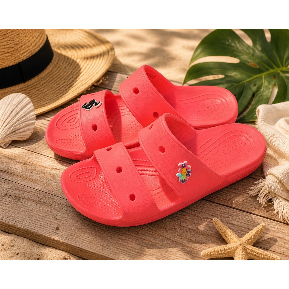 Crocs Classic II Slide Neon Pink Coral Sandals‎ Womens 12 Mens 10 Jibbitz Charms